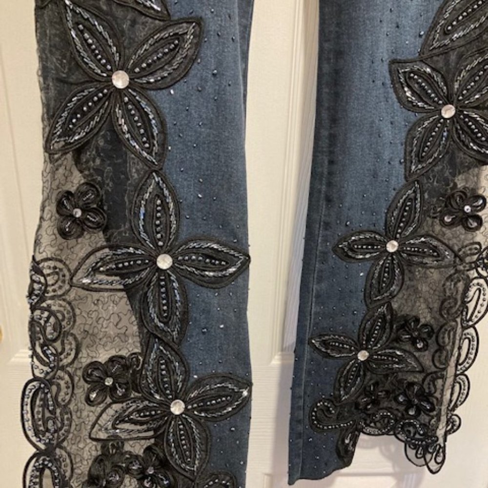 ⭐️  2x's Host Pick ⭐️  Sassy Thai Embellished Flare Lace Jeans With Split Leg - Picture 9 of 14
